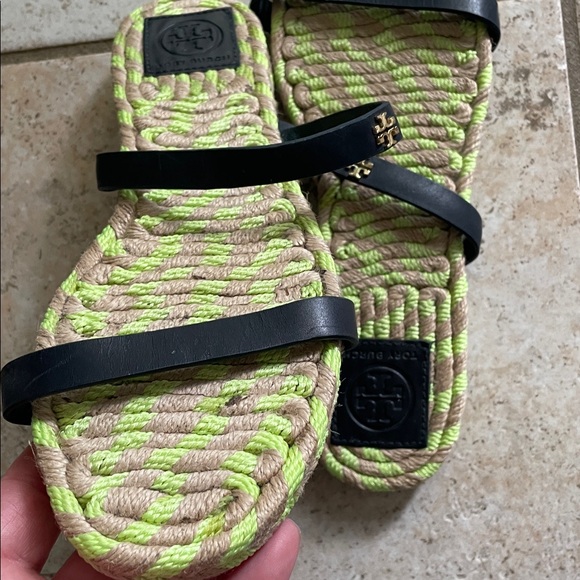 Tory Burch New Two-band Flat Espadrille Green Neon Brown  Tory Burch Two-band Flat Espadrille Slide Green Neon Vegan Leather Sandals
